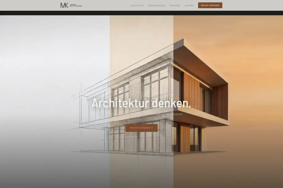 Startseite von Energie-Architektur Würzburg: ein Gebäude-Rendering, das links als Handskizze beginnt und rechts in die fertige Holzfassade übergeht, darüber die Zeile Architektur denken.