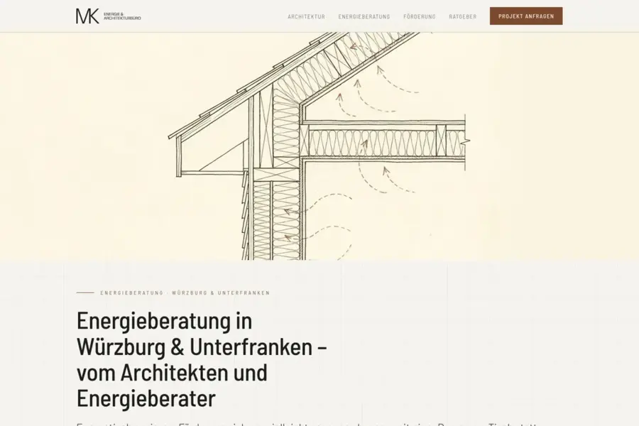 Energieberatungs-Seite von Energie-Architektur Würzburg: eine technische Schnittzeichnung eines Dachanschlusses mit eingezeichneten Dämmschichten, darunter die Überschrift zur Energieberatung in Würzburg und Unterfranken.