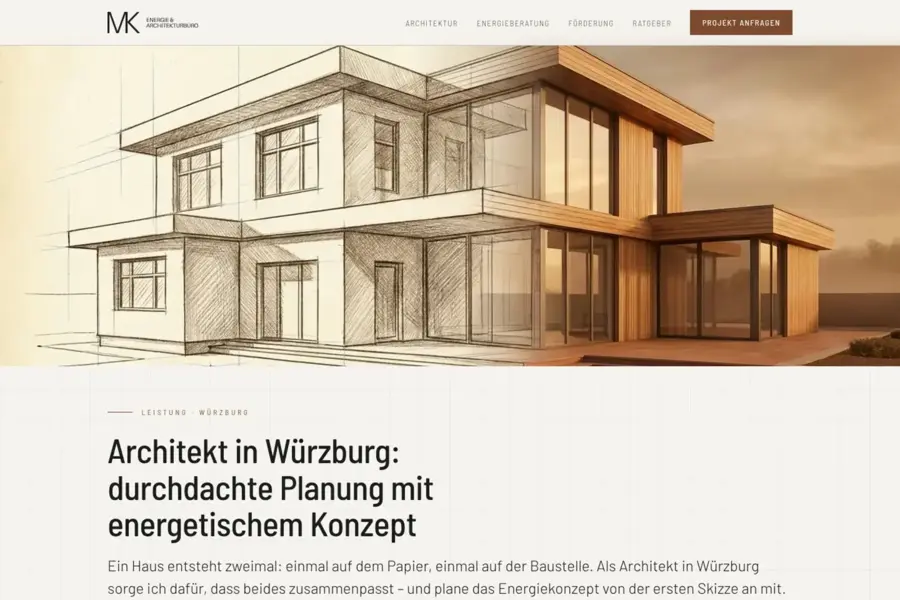 Architektur-Seite von Energie-Architektur Würzburg: eine Handzeichnung geht in die farbige Ansicht eines modernen Wohnhauses über, darunter die Überschrift zur Planung mit energetischem Konzept.