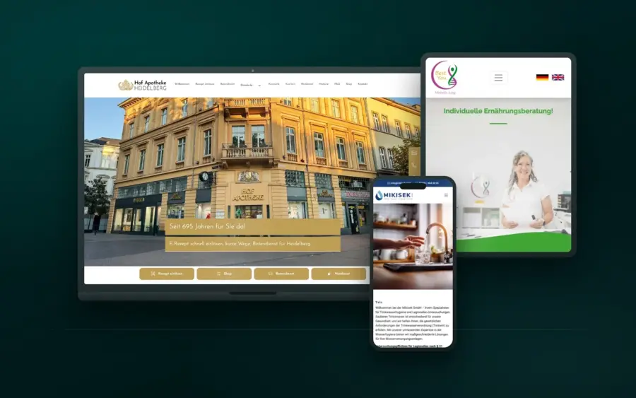 Drei Geräte nebeneinander: auf dem Laptop die Startseite der Hof Apotheke Heidelberg, auf dem Tablet die Seite von Best You Coaching, auf dem Handy die von Mikisek — Bildschirminhalte echter Kundenprojekte.