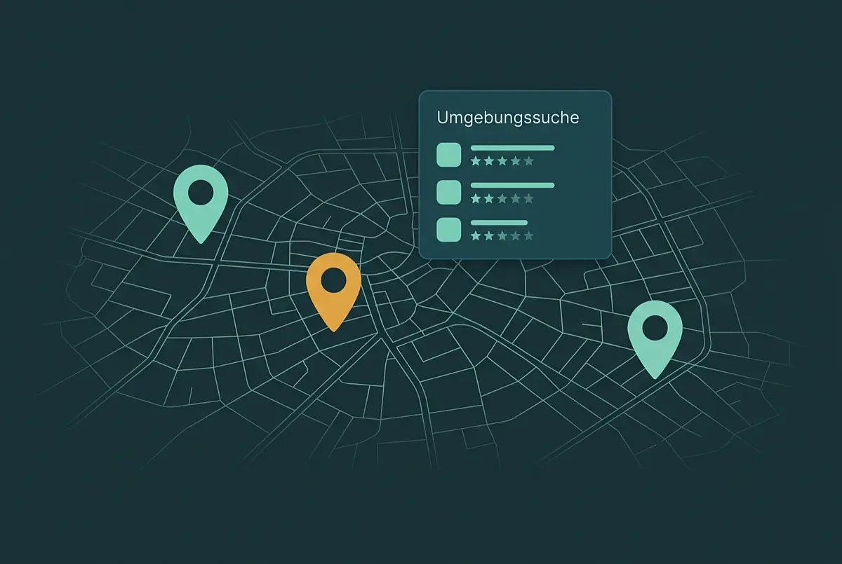 Ein abstrakter Stadtplan aus feinen Straßenlinien über die ganze Fläche, darauf drei Standortnadeln, eine davon farblich abgesetzt. Rechts darüber liegt eine Karte mit der Überschrift Umgebungssuche und drei Ergebniszeilen, jede mit einer kurzen Beschriftung und einer Reihe Bewertungssterne.
