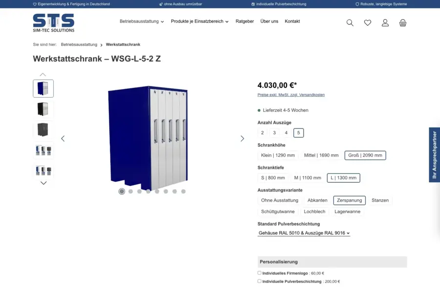 Artikelseite des Werkstattschranks WSG-L-5-2 Z im Shop: links die Bildergalerie mit dem blau-grauen Schrank, rechts der Konfigurator mit Anzahl der Auszüge, Schrankhöhe, Schranktiefe und Ausstattungsvariante.